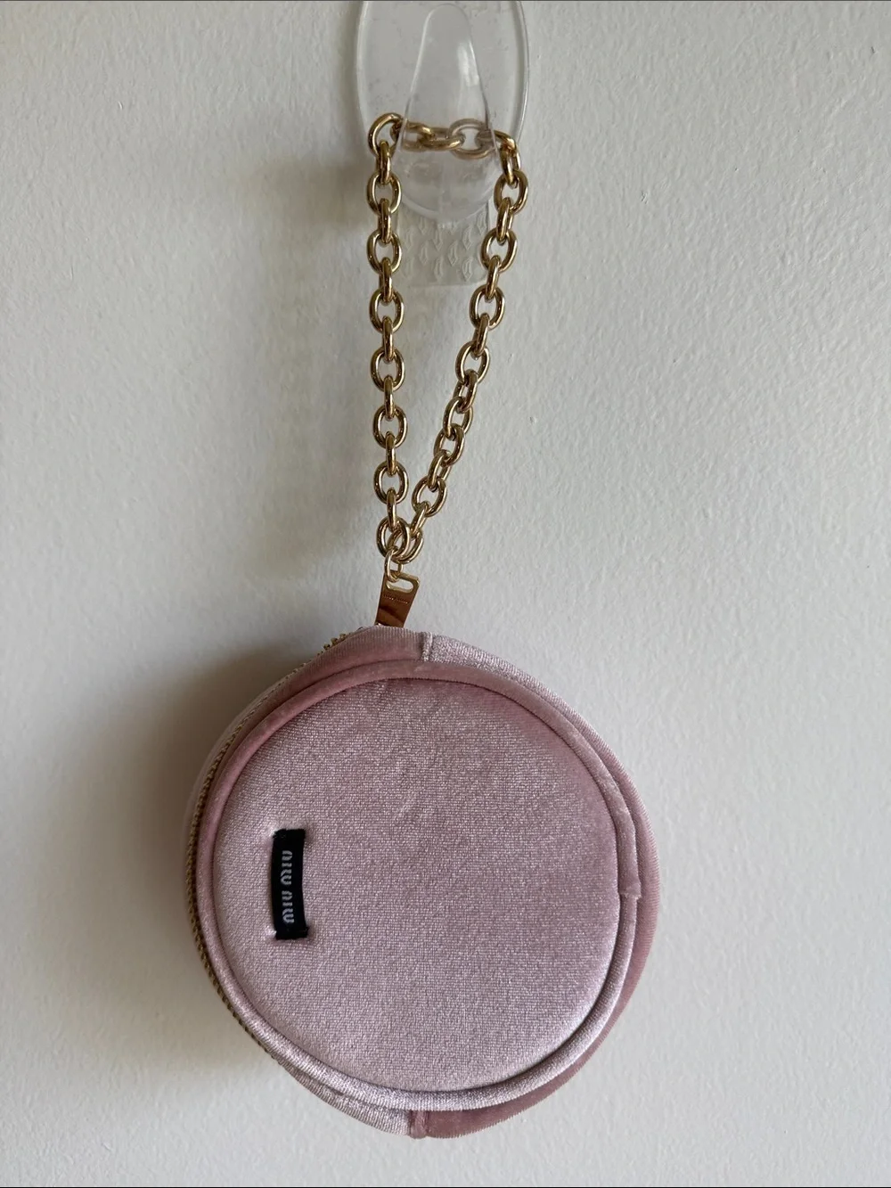 Miu Miu Blush Pink Velvet Round Pouch with Gold Chain